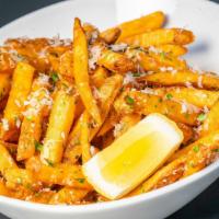 Grizzly Stadium Fries · seasoned fries w/ garlic confit, shaved parmesan, truffle oil, lemon & parsley
