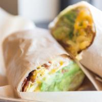 Breakfast Burrito · Choice of applewood bacon or home-made sausage, eggs, crispy tater tots, American cheese, av...