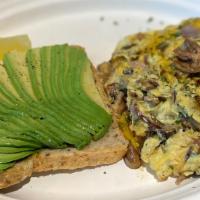 Avocado Toast · Scrambled with eggs, cheese, mushroom and grilled onions and a side of avocado on organic 7 ...