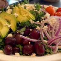 Kale Yeah Salad · Mixed greens, kale, red onions, cherry tomatoes, grapes, pumpkin seeds, avocado, Feta cheese...