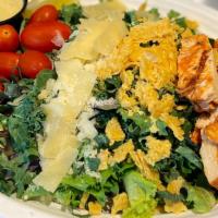Kale Caesar Salad · Chicken, mixed greens, kale, Parmesan crisp, shaved Parmesan cherry tomatoes, fresh lemon, C...