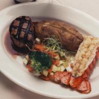 Surf And Turf · 6 oz. Lobster Tail & 6 oz. Filet Mignon with Baked Potato & Sautéed Vegetables.