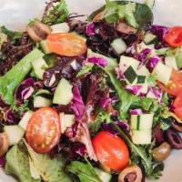 Garden Salad · Field greens, cucumbers, cherry tomatoes, red cabbage, Italian olives, balsamic vinaigrette