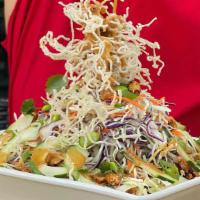 Thai Crunch Salad · Micky's favorite. Red & white cabbage, carrots, scallions, cucumber, edamame, roasted peanut...