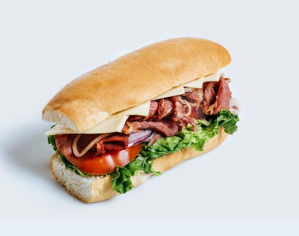 #25 Pastrami · French roll, pastrami, lettuce, tomato, grilled onions, cheese, mustard, mayo.