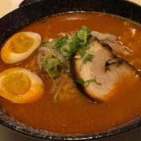 Spicy Miso Ramen · Pork broth comes with spicy miso sauce, pork chashu, bean sprout, bamboo shoot, corn, green ...