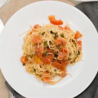 Angel Hair · Capers, garlic, tomatoes, white wine, olive oil, parm.