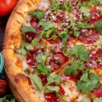 Mexican Pizza* · Red sauce, mozzarella, beef pepperoni, minced fresh cilantro with jalapenos and red onions.