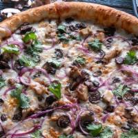 Bbq Chicken Pizza* · Bbq sauce, mozzarella, chicken breast, mushrooms, red onions, fresh cilantro.