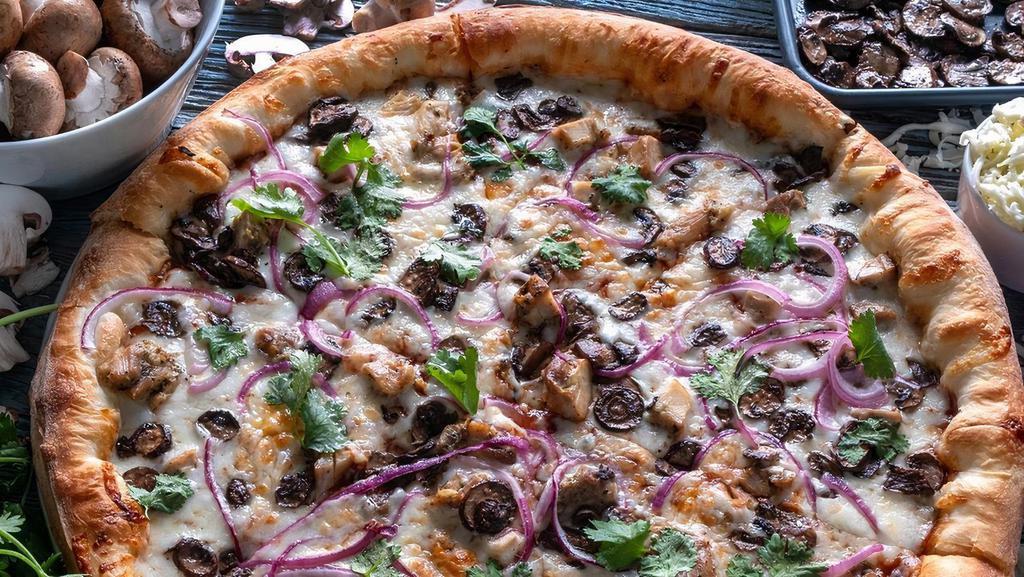 Bbq Chicken Pizza* · Bbq sauce, mozzarella, chicken breast, mushrooms, red onions, fresh cilantro.