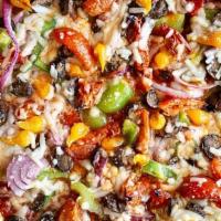 Vegan Pizza* · MILD VEGAN SAUCE, ROASTED TOMATOES, SWEET YELLOW PEPPER DROPS, GREEN BELL PEPPER, BAKED MUSH...