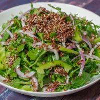 Arugula Quinoa Salad · Organic arugula, quinoa, bell peppers, red onion, and cucumber with house dressing (olive oi...