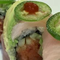 Angry Tail Roll · Yellowtail, avocado and jalapeño on top of spicy tuna roll with ponzu sauce.