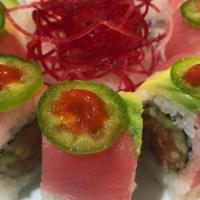 T&T Roll · Tuna, avocado and jalapeño on top of spicy tuna roll with ponzu sauce.