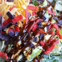 Bbq Salad · romaine lettuce, corn, black beans, cilantro, cherry tomatoes, scallions, tortilla strips, m...