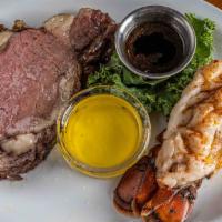 Prime Rib & Lobster (Surf N Turf) · Slow roasted prime rib, Maine lobster tail and garlic mashed potatoes. Served medium rare.