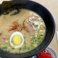 Tonkotsu Ramen Noodles · Thin noodle, light tonkotsu based soup, served with chashu pork, hard boiled egg, green onio...