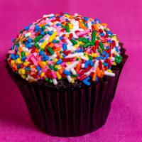 Chocolate Rolled Sprinkle · Vanilla bean cupcake topped with a vanilla bean buttercream, rolled in rainbow sprinkles.