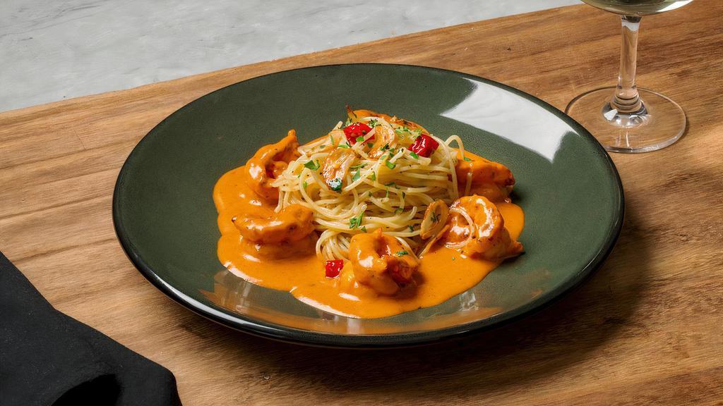 Spaghettini · thin pasta strands | aglio olio | peperoncino | argentinian red shrimp | busara sauce