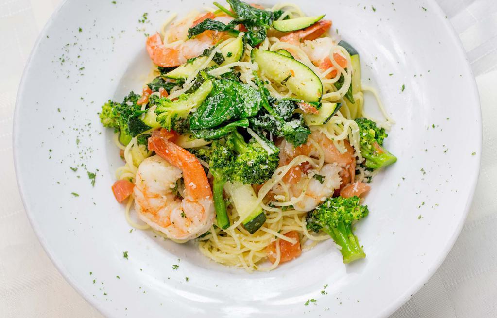 Capellini Con Shrimp · Angel hair pasta tossed with grilled shrimp, tomatoes, zucchini, broccoli, spinach, basil, garlic, and oil.