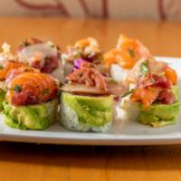 Ceviche · In: spicy crab, scallop,cucumber and shrimp tempura. Top: avocado, assorted fish, jalapeño ,...