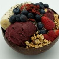 Superfood Acai Bowl · Organic Acai Roots, topped with Banana, Mixed Berries, Goji Berry, Chia, Granola.