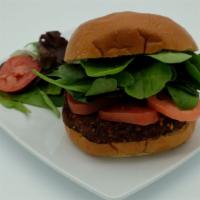 Chipotle Black Bean Burger · black bean patty, FYH Chipotle Mayo, avocado, tomato, mixed greens