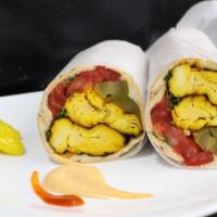 Chicken Kabob Sandwich · Chicken breast kabob sandwich served on a French roll topped with tomatoes onions and parsle...