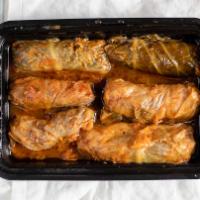 Dolmeh Kalam · Stuffed cabbage. Cabbage stuffed with rice, vegetables, ground beef, tomatoes with prunes.