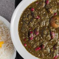Ghormeh Sabzi · Green red bean stew. Chopped vegetables with chunks of beef topped with red kidney beans and...