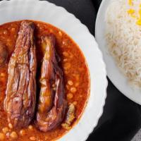 Gheymeh Bademjan · Eggplant stew. Our famous red stew, sautéed beef, yellow split peas and dried lemons topped ...