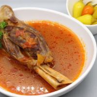 Mahicheh - Lamb Shank · Lamb shanks slow braised with our special flavoring. This dish goes best with our Baghali Po...
