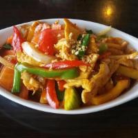 Sweet & Sour · Stir fried meat with onions, tomatoes, pineapple, carrots and cucumber in sweet and sour sau...