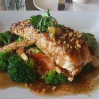 Garlic Salmon · Grilled salmon topped with teriyaki sauce, served with vegetables.
