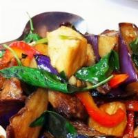 Spicy Eggplant · Spicy. Sautéed eggplant in Thai spicy sauce and meat.