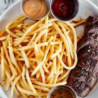 Steak Frites · Chimichurri or peppercorn sauce.