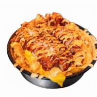 Jungle Fries · 2 crispy chicken tenders (chopped) over cheese fries topped with starz sauce