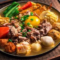 Curry Flavor Hot Soup · Napa, pork slices, vermicelli, tomato, corn, egg, enoki mushroom, imitation crabmeat, kamabo...