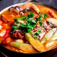 Thai Flavor Hot Soup · Taiwanese cabbage, pork slices, taro stem, enoki mushroom, brown beech mushroom, vermicelli,...