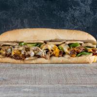 Philly Cheese Steak Supreme · Grilled white onions, grilled green bell peppers, grilled mushrooms, provolone cheese, Ameri...