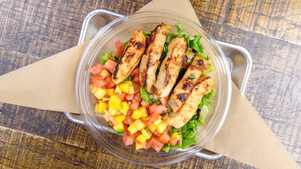 !New Fiji Chicken Bowl · Marinated to perfection chicken, warm white sushi rice mixed with Ginger-Teriyaki sauce, lettuce-cabbage mix, mango salsa.