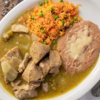 Chile Verde · Lean tender pieces of pork cooked in a tomatillo sauce. Served with rice, refried beans, and...