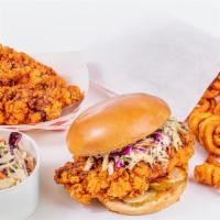 The Superlab · 1 of everything, Our Hot Chicken Sandwich, Crispy Tenders, Spice Fries, and Slaw Goodman.