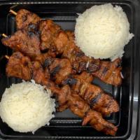 Pork Bbq Skewers With White Rice · Filipino pork bbq skewers (3pcs) with white rice