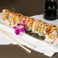 Zombie Roll · In: spicy crab, temp calamari out: salmon, eel, avocado, spicy mayo, eel sauce