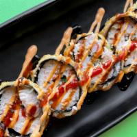 Snowball Roll · In: Crab, cream cheese, jalapeño. Deep fried. Out: eel sauce, spicy mayo, sriracha