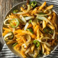 Jalapeño & Cheese Fries · Our golden fries smothered with melted cheese and spicy jalapeño slices.