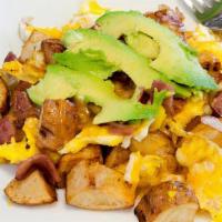 Muscle Scramble Meal Breakfast · Two eggs, turkey bacon, potatoes, cheese, and avocado.