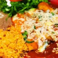 Enchiladas Rancheras · 3 Chicken or cheese enchiladas served with beans and rice.. * Add-ons for an additional char...