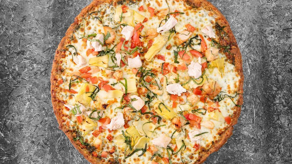 Keto Pesto Pizza · Mozzarella cheese, delicious housemade Pesto sauce, artichokes, diced tomatoes, and fresh basil (add chicken for no additional charge) on our signature, low carb pizza crust. (Gluten-Free)